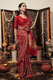 Red Blossom Tales Gajji Silk Bandhani Saree