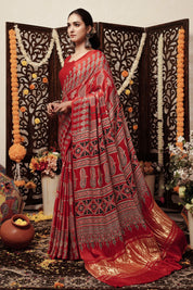 Red Blossom Tales Gajji Silk Bandhani Saree