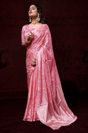 Sparkly Baby Pink Gajji Silk Bandhani Saree