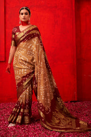 Earthy Chikoo Caramel Mullbery Silk Bandhani Saree