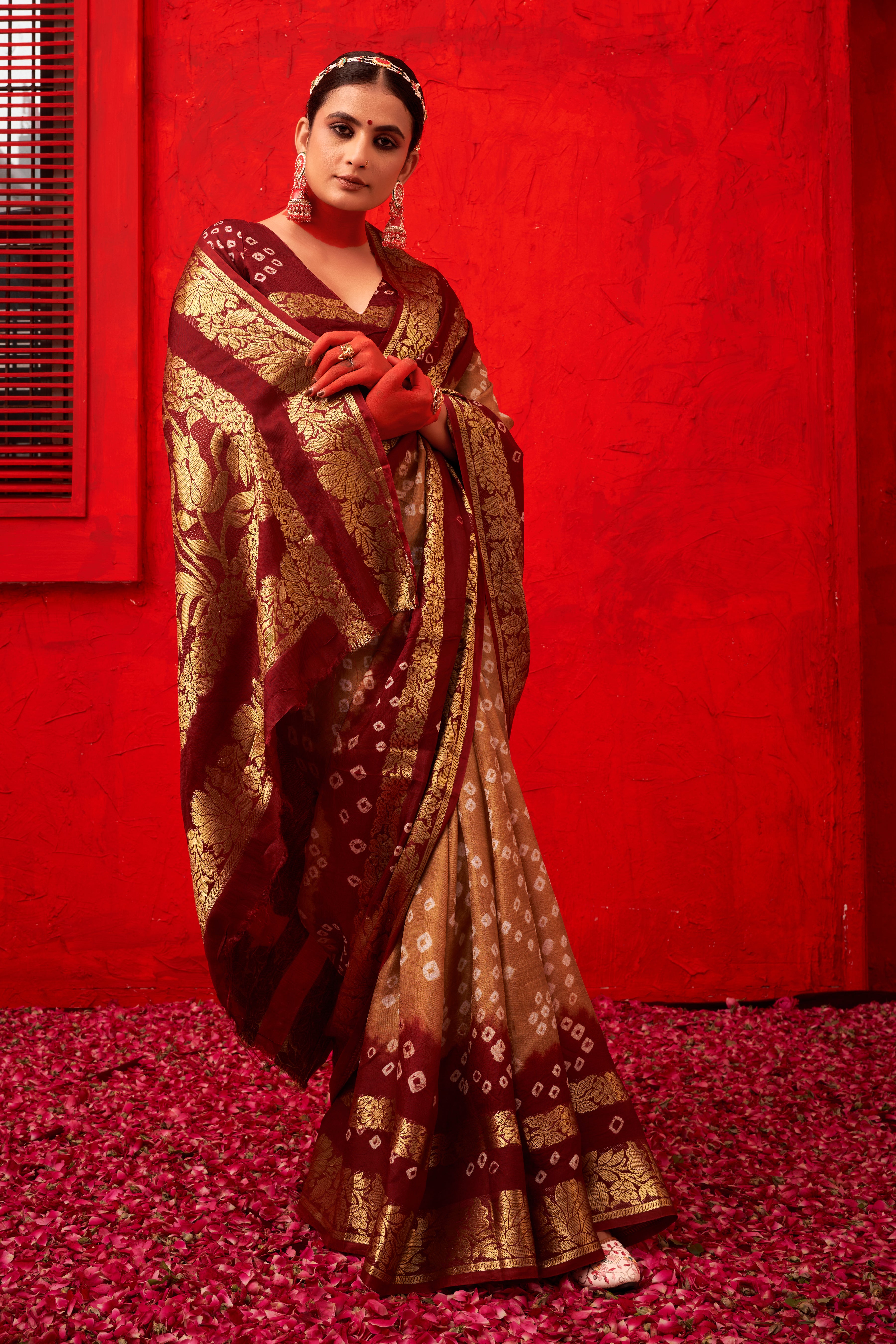 Earthy Chikoo Caramel Mullbery Silk Bandhani Saree 3