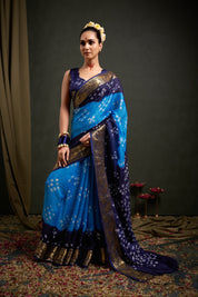 Serene Turquoise Firozi Jaquard Silk Bandhani Saree