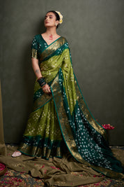 Vibrant Parrot Green Jaquard Silk Bandhani Saree