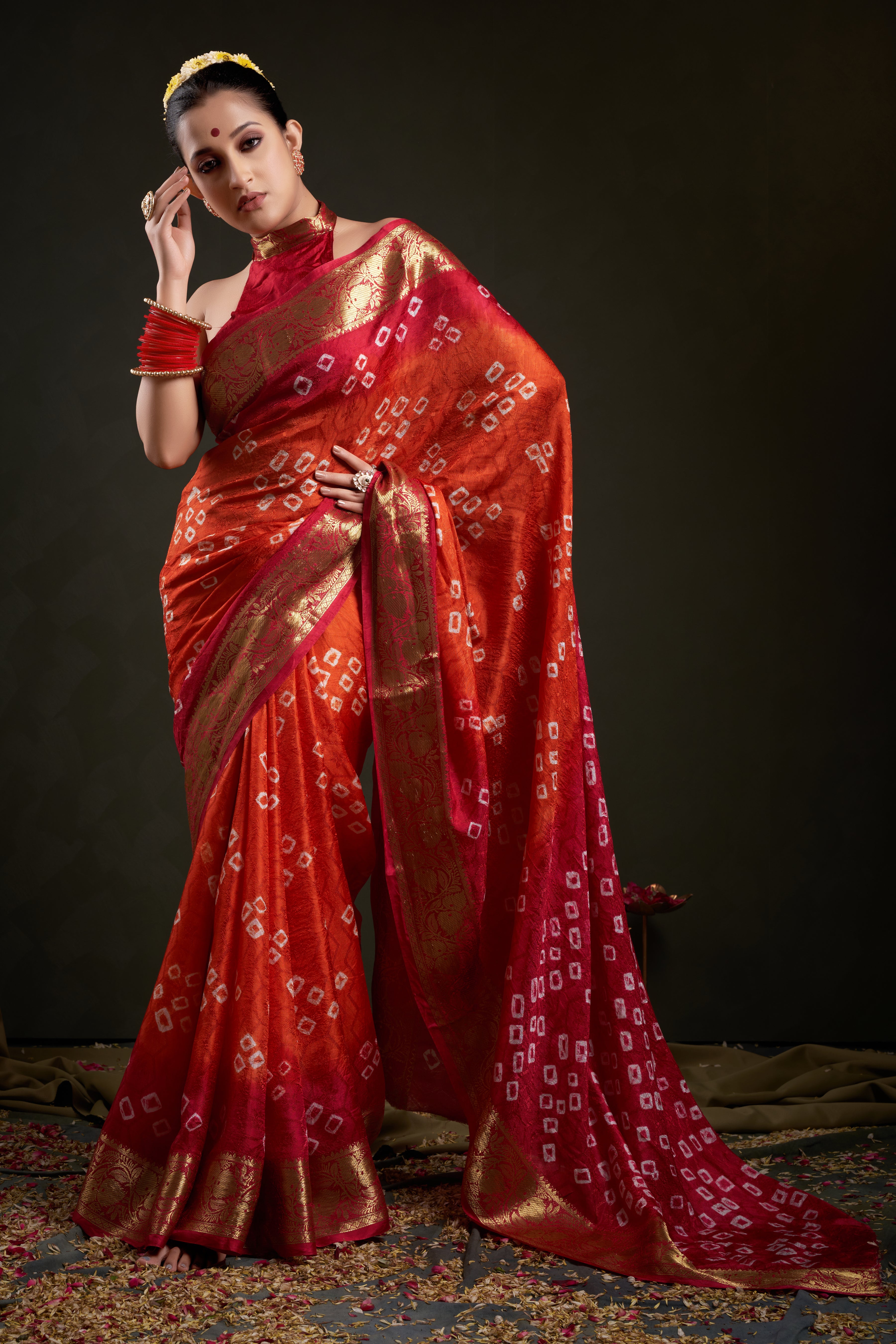 Radiant Tangerine Orange Jaquard Silk Bandhani Saree