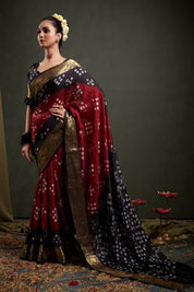 Opulent Ruby Red Jaquard Silk Bandhani Saree