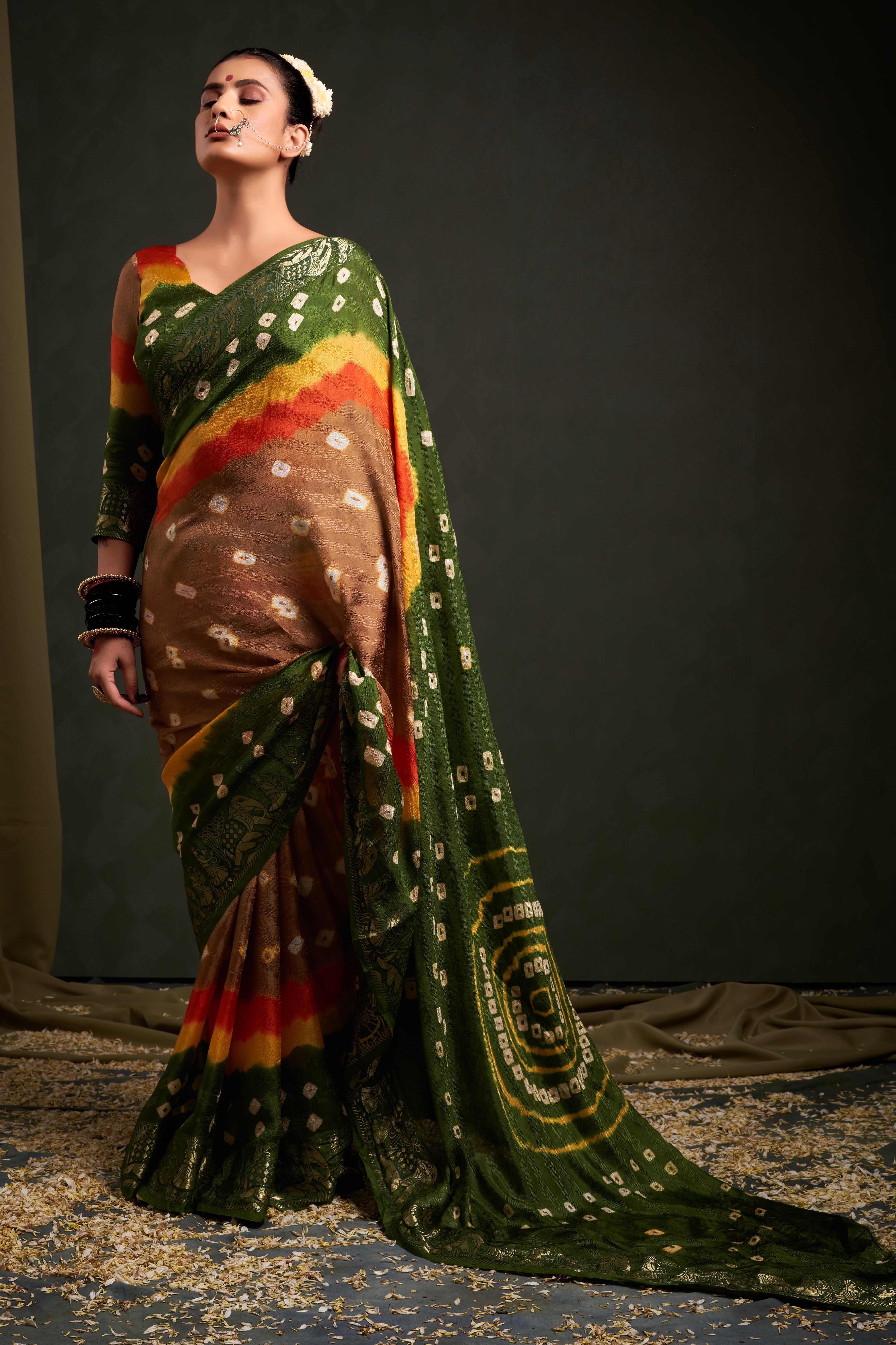 Candied Chikoo Jaquard Silk Bandhani Saree 2