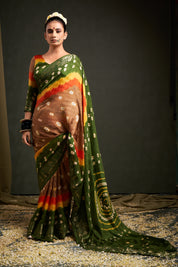 Candied Chikoo Jaquard Silk Bandhani Saree