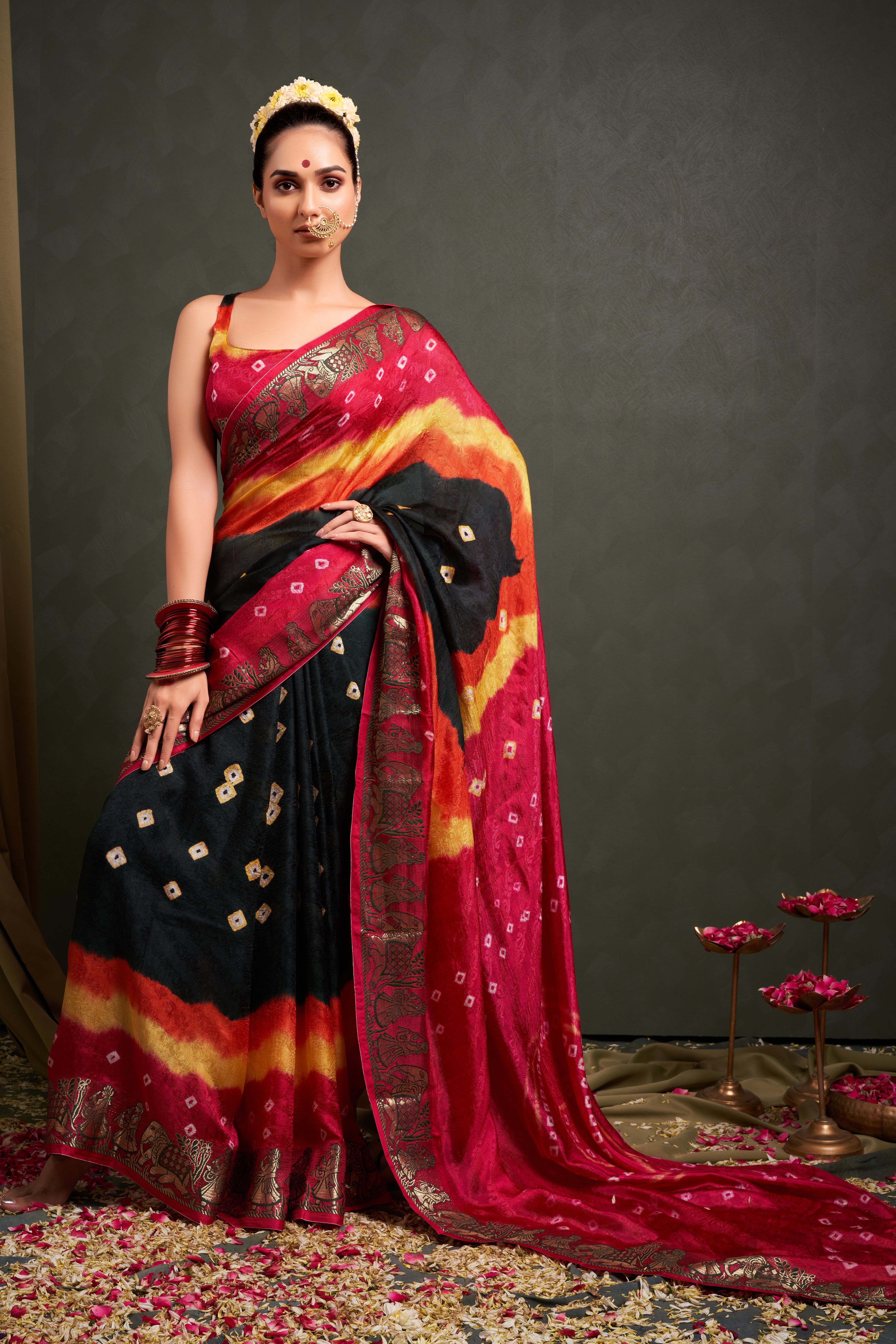 Timeless Dark Green Jaquard Silk Bandhani Saree