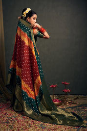 Elegant Garnet Maroon Kanjeevaram Silk Bandhani Saree
