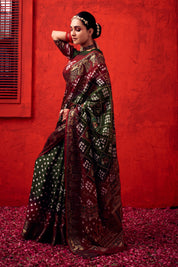 Majestic Ivy Green Jaquard Silk Bandhani Saree
