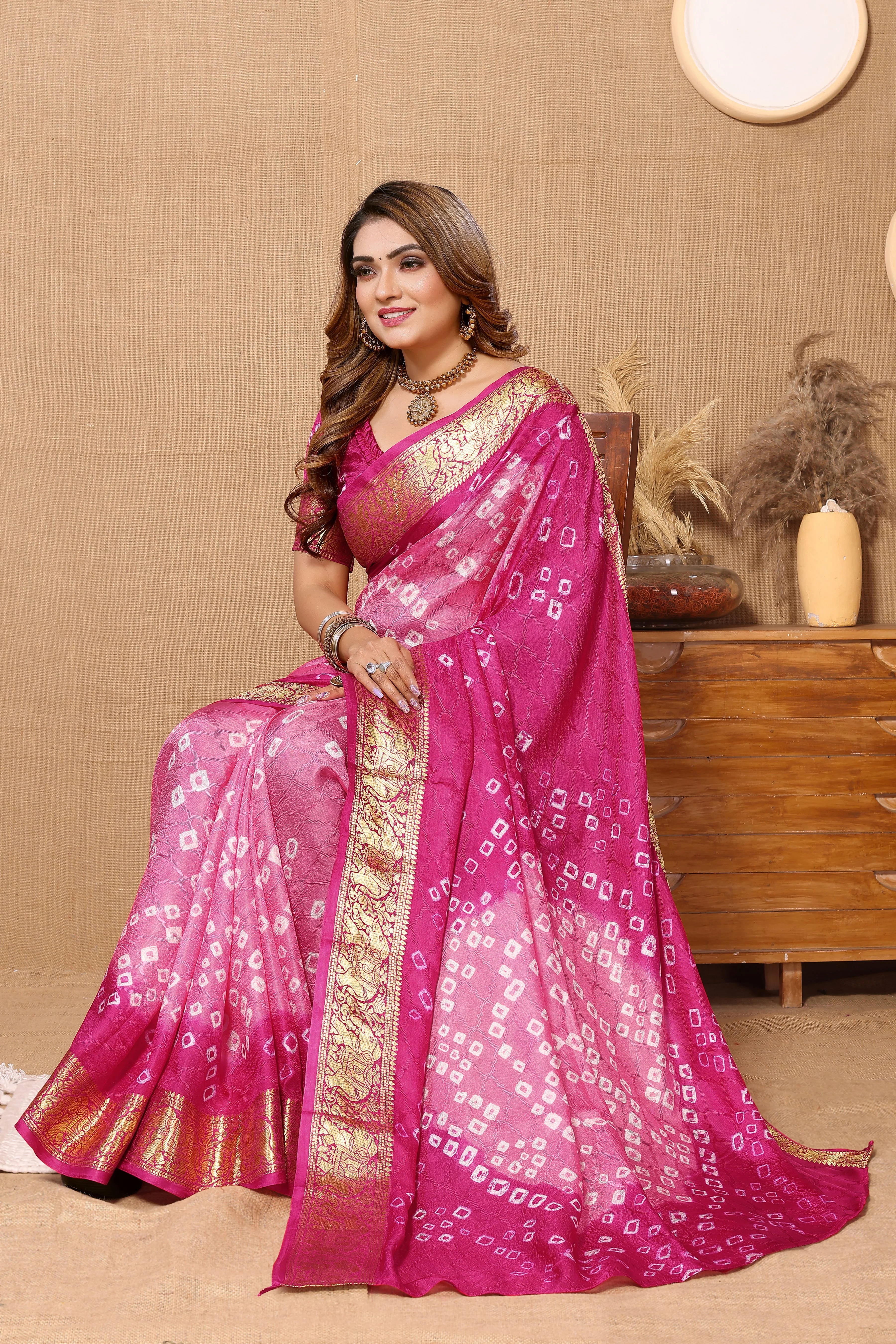 Lovely Baby Pink Jaquard Silk Bandhani Saree