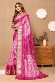 Lovely Baby Pink Jaquard Silk Bandhani Saree