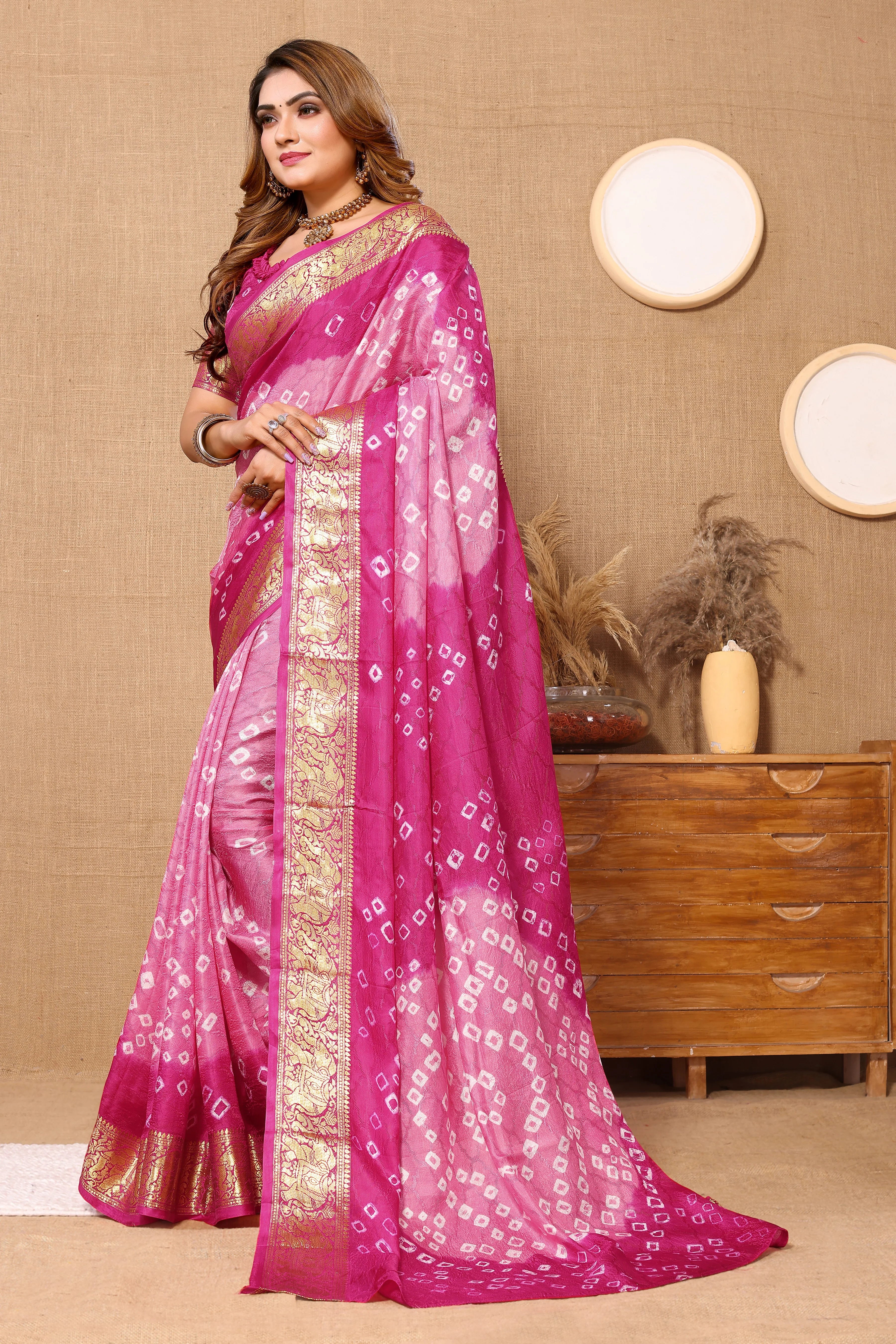 Lovely Baby Pink Jaquard Silk Bandhani Saree