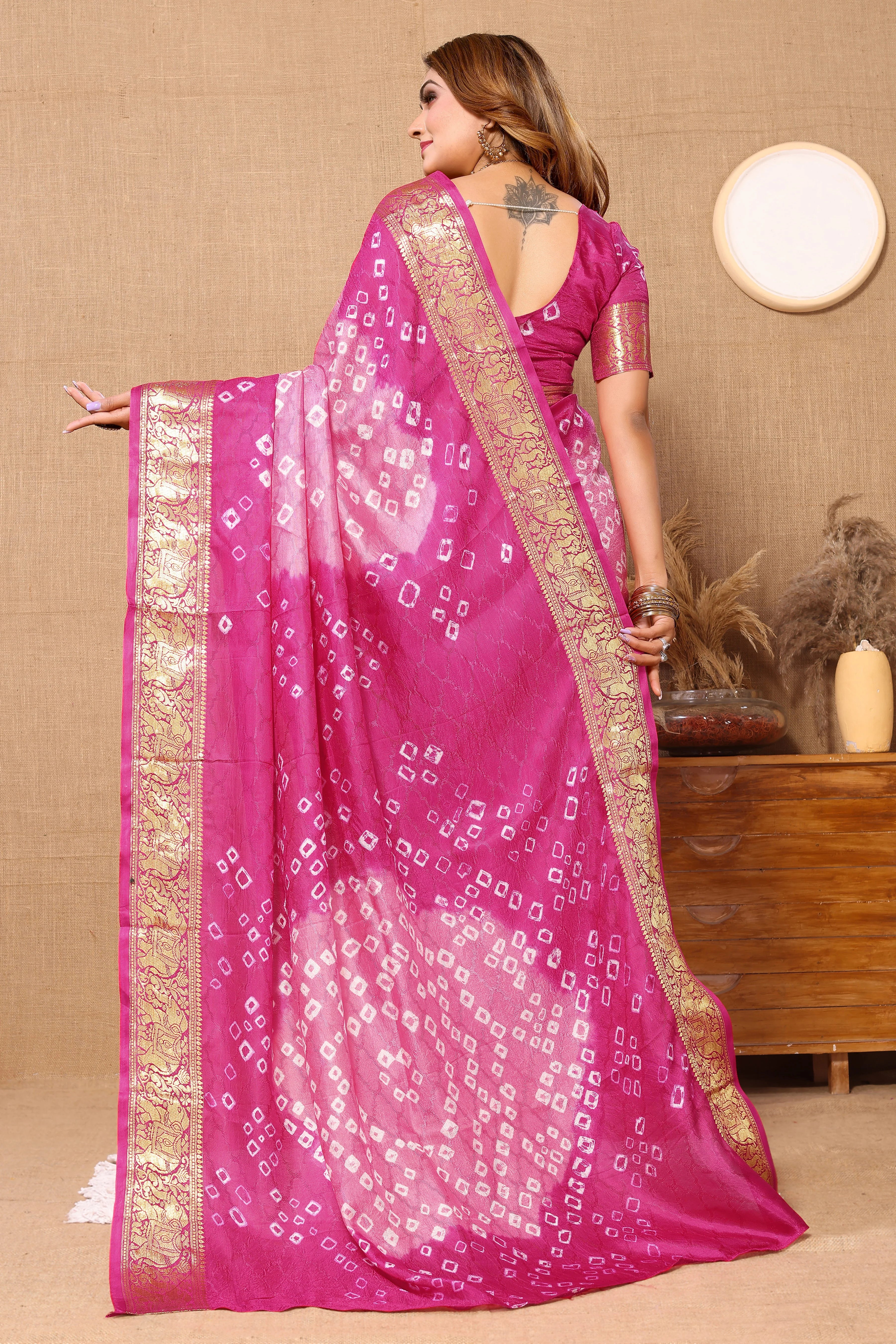 Lovely Baby Pink Jaquard Silk Bandhani Saree