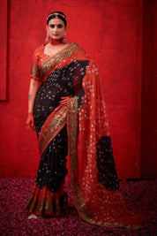 Luxurious Midnight Black Jaquard Silk Bandhani Saree