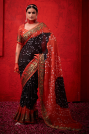 Luxurious Midnight Black Jaquard Silk Bandhani Saree