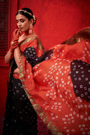 Luxurious Midnight Black Jaquard Silk Bandhani Saree