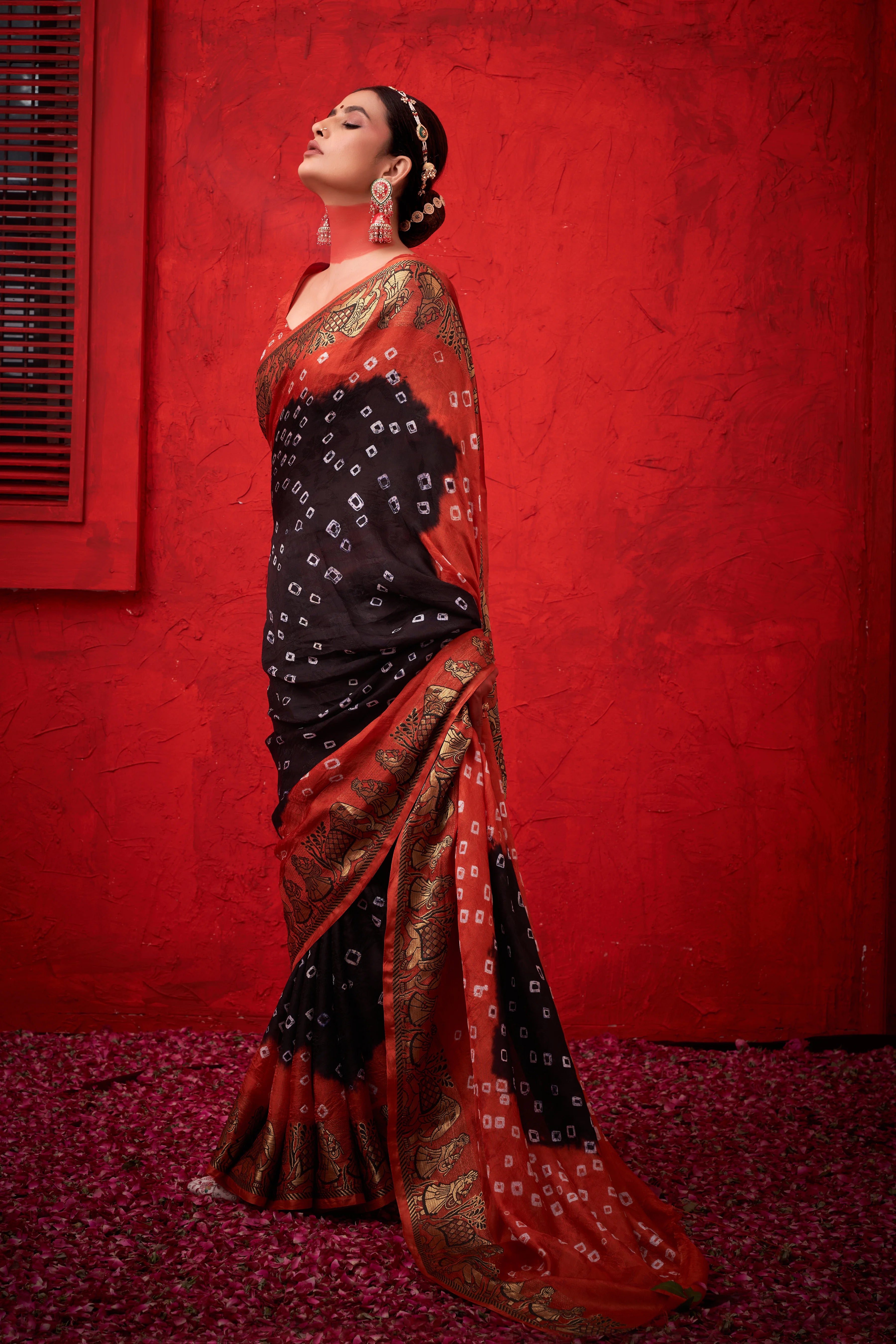 Luxurious Midnight Black Jaquard Silk Bandhani Saree