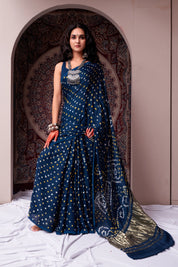 Majestic Prussian Blue Gajji Silk Bandhani Saree