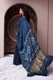 Majestic Prussian Blue Gajji Silk Bandhani Saree