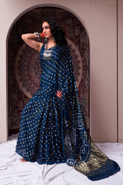 Majestic Prussian Blue Gajji Silk Bandhani Saree