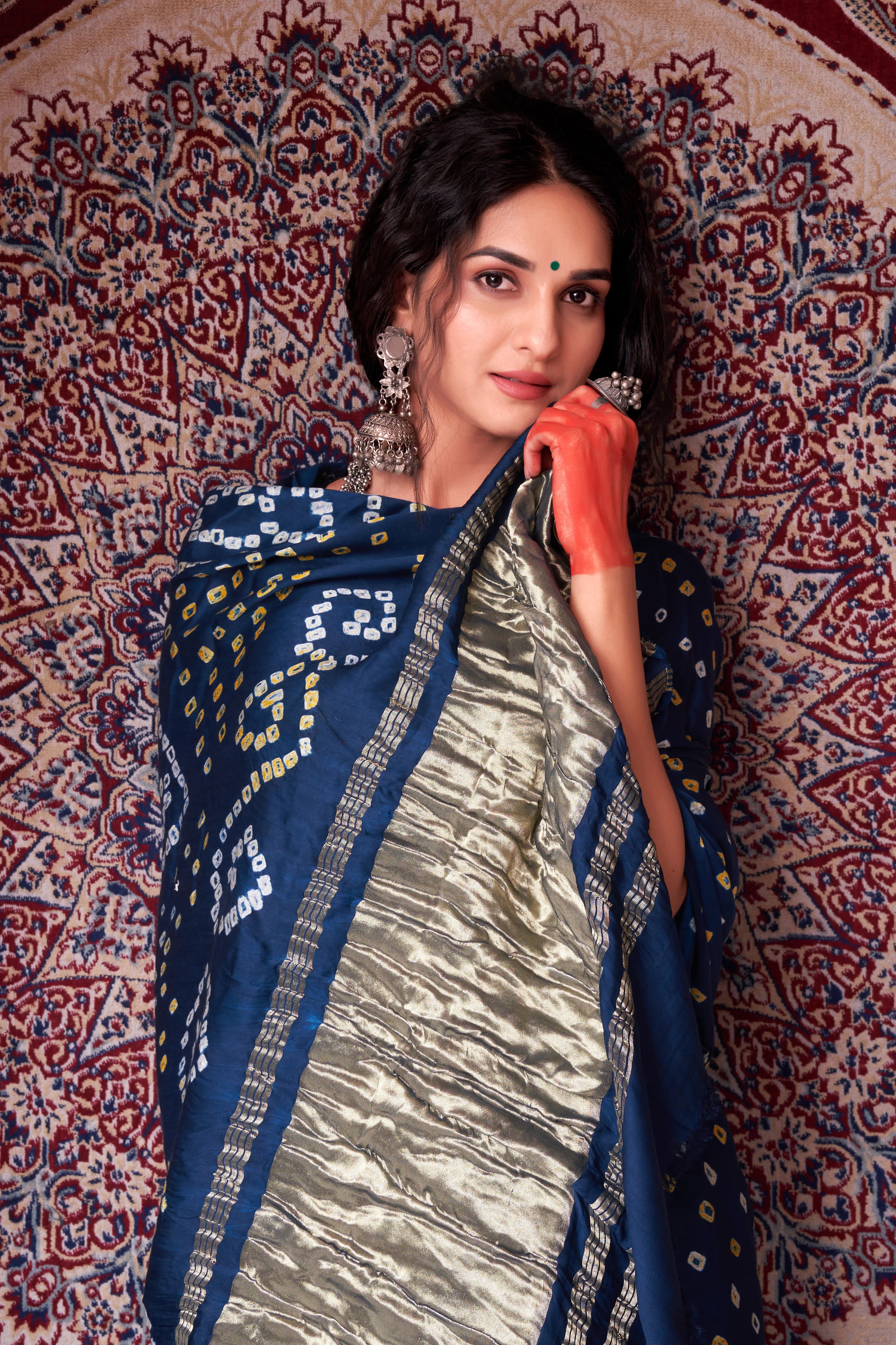 Majestic Prussian Blue Gajji Silk Bandhani Saree