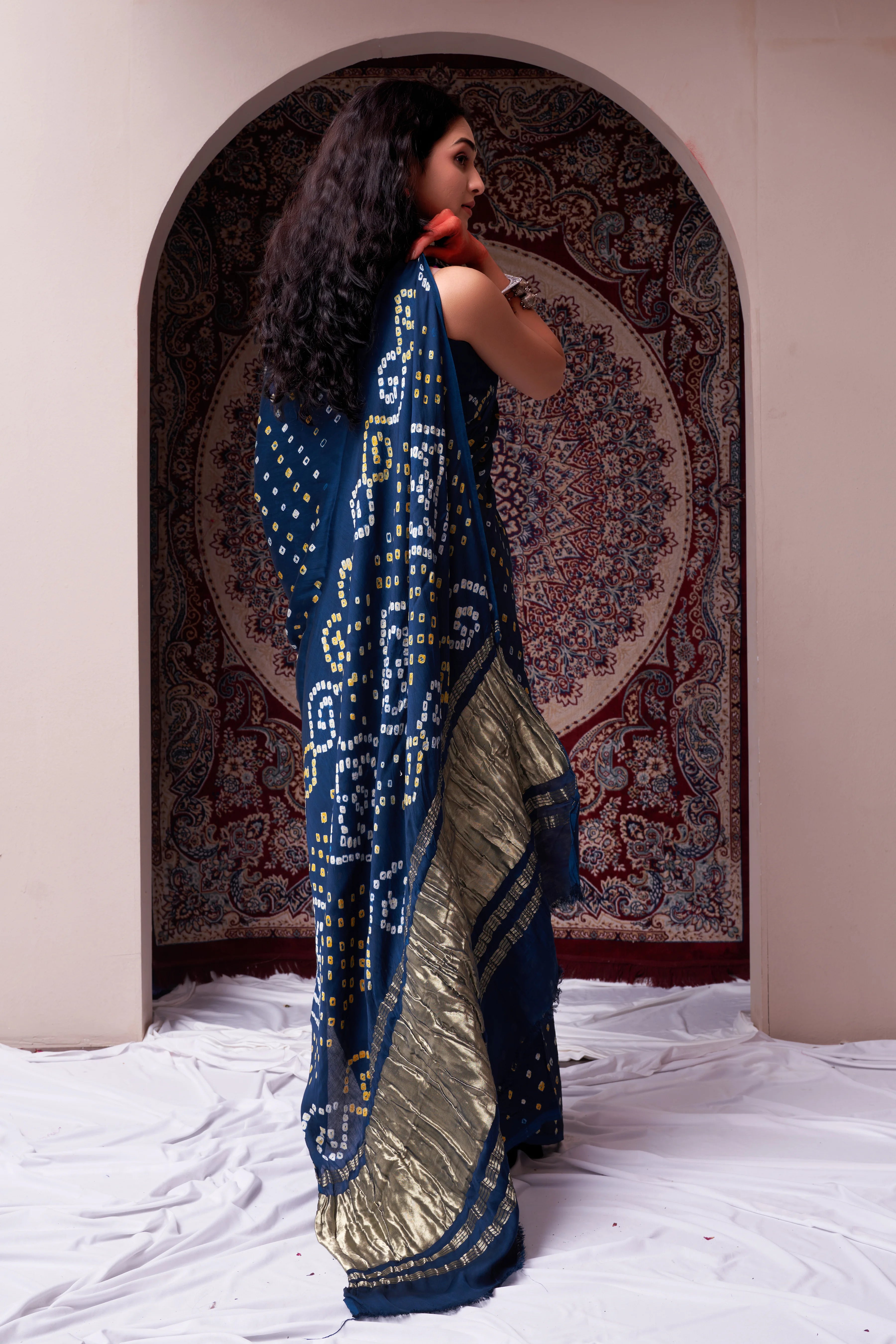 Majestic Prussian Blue Gajji Silk Bandhani Saree