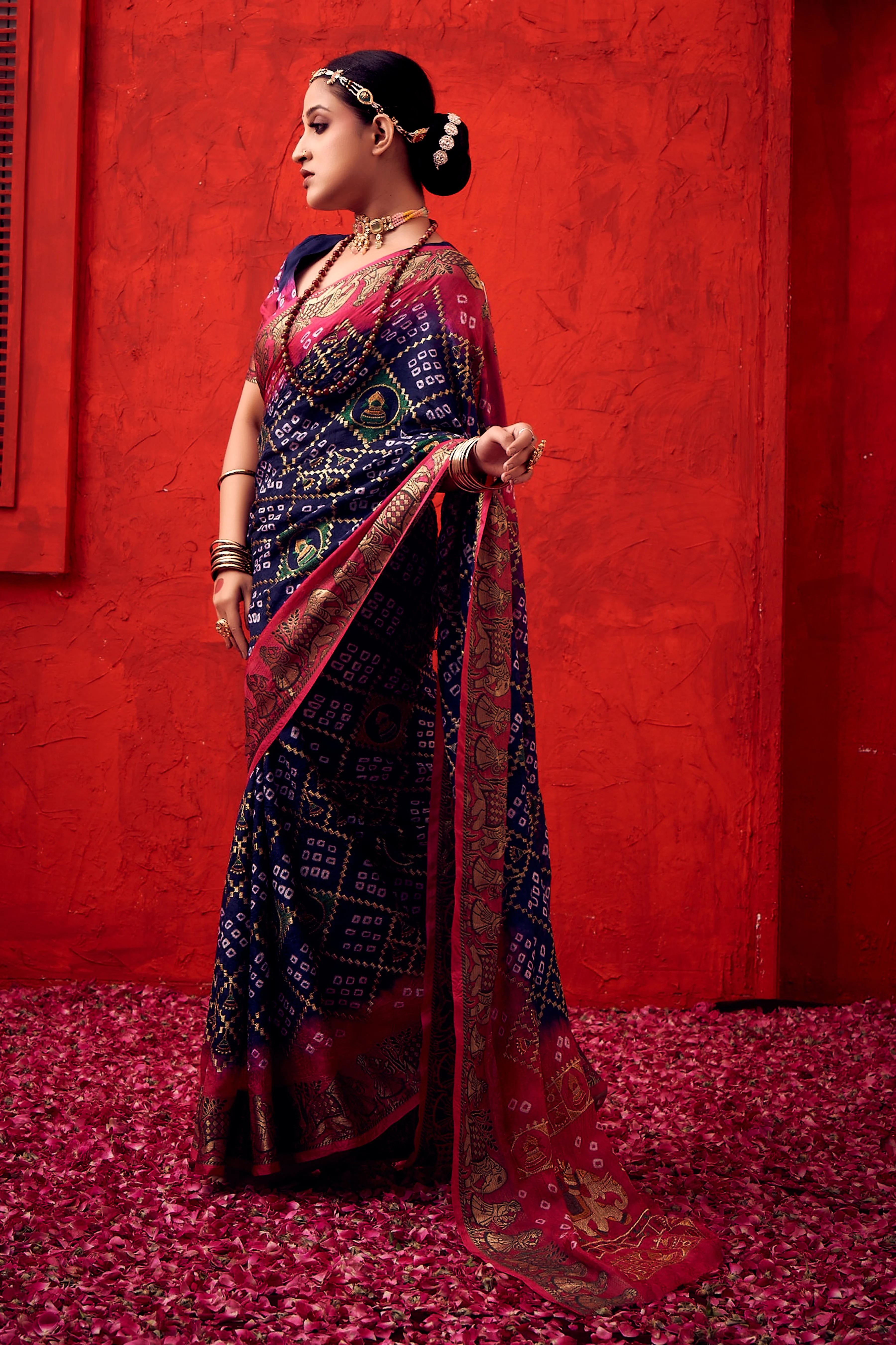 Timeless Admiral Blue Jaquard Silk Bandhani Saree