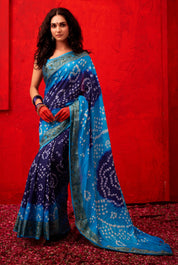 Sophisticated Marine Blue Dola Silk Bandhani Saree