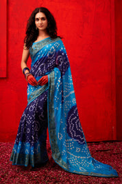 Sophisticated Marine Blue Dola Silk Bandhani Saree