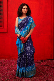 Sophisticated Marine Blue Dola Silk Bandhani Saree