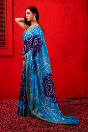 Sophisticated Marine Blue Dola Silk Bandhani Saree