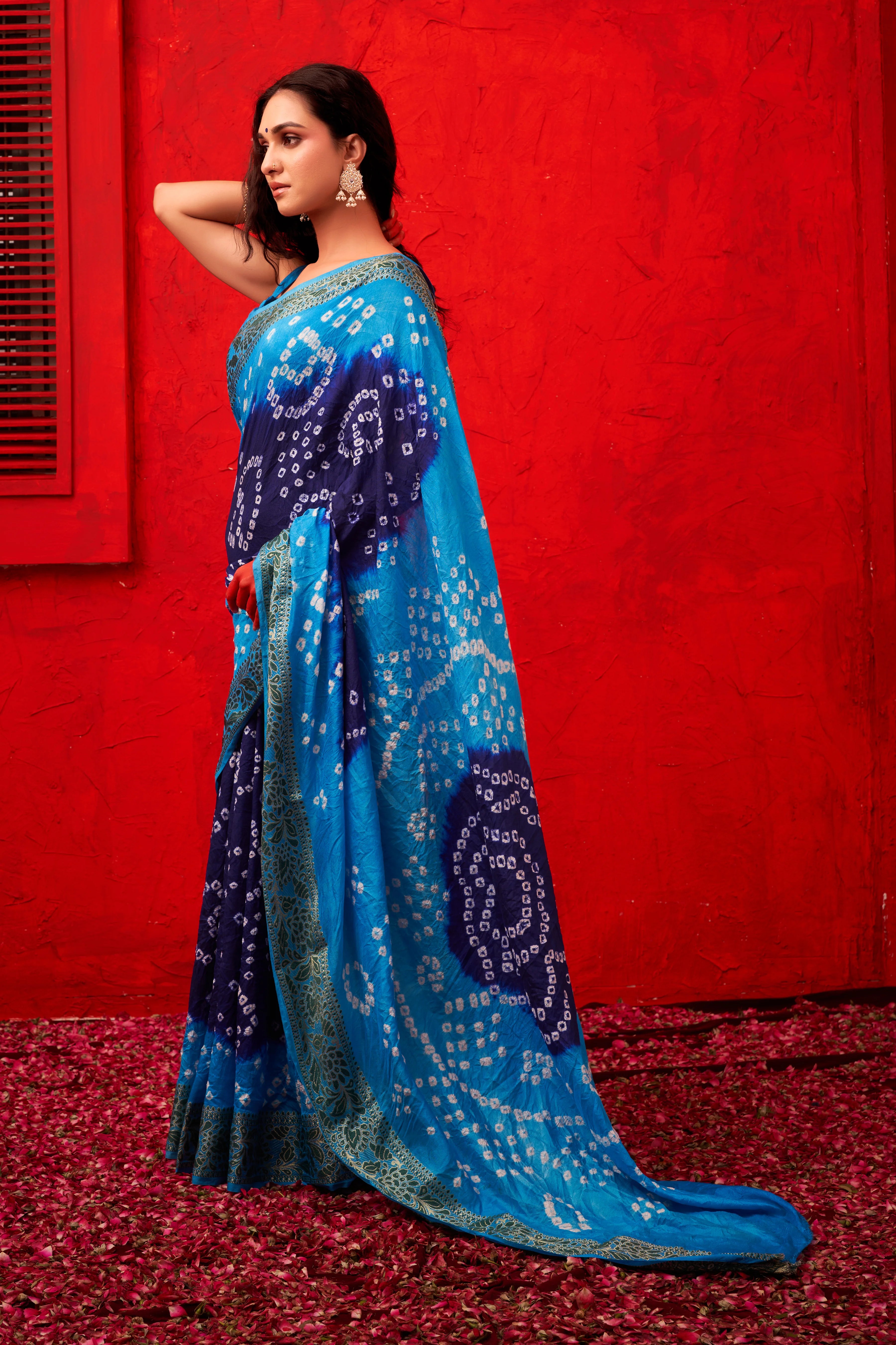 Sophisticated Marine Blue Dola Silk Bandhani Saree