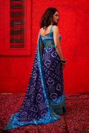 Sophisticated Marine Blue Dola Silk Bandhani Saree