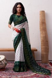 Classic Bottle Green Jaquard Silk Bandhani Saree