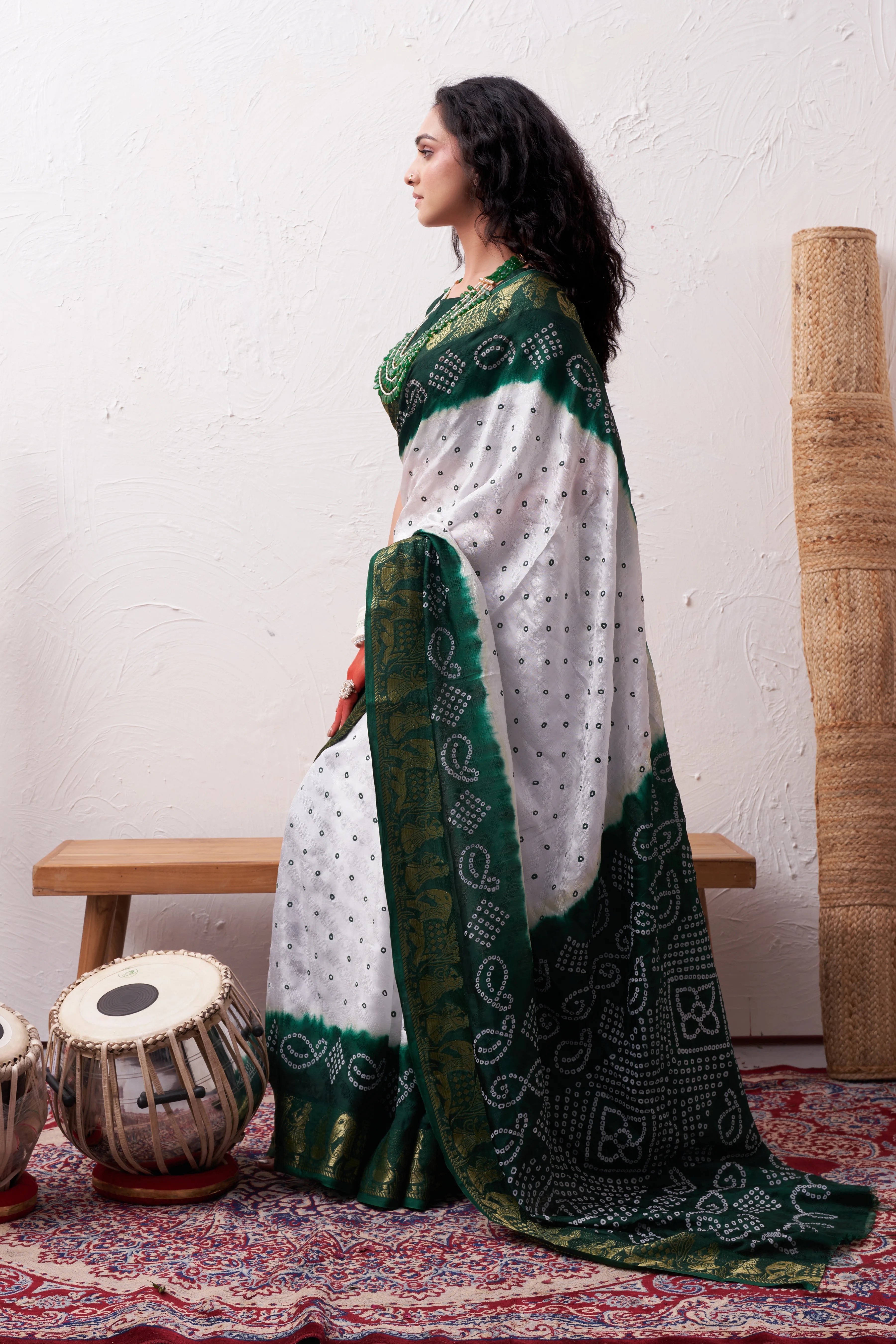 Classic Bottle Green Jaquard Silk Bandhani Saree