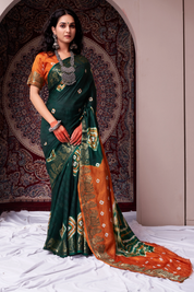 Rich Pine Bottle Green Jaquard Silk Bandhani Saree