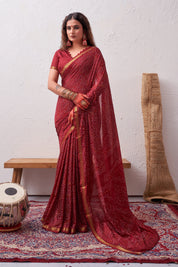 Velvety Carmine Maroon Soft Silk Bandhani Saree