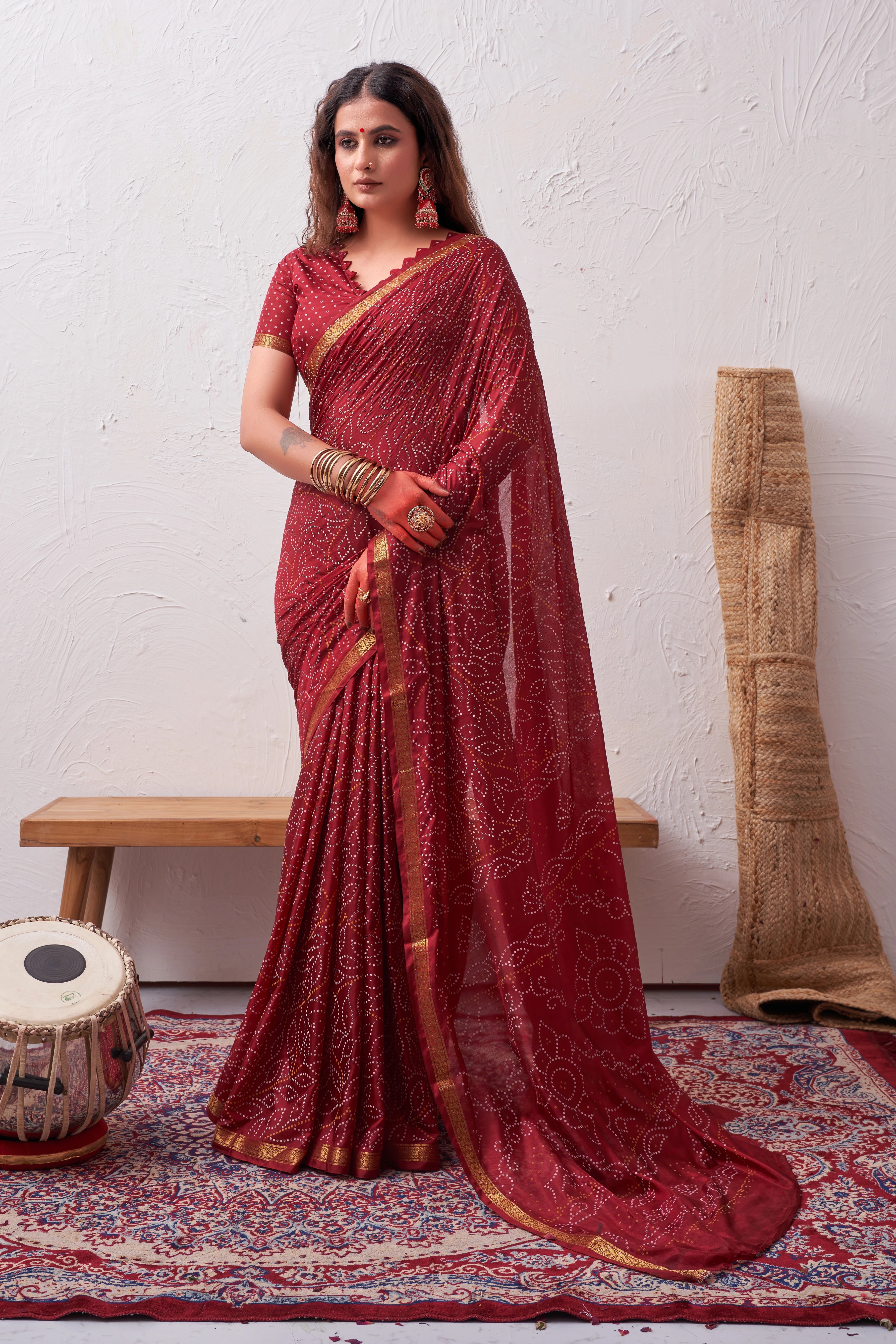 CarmineMaroonSilkBandhaniDailyWearSaree1.webp