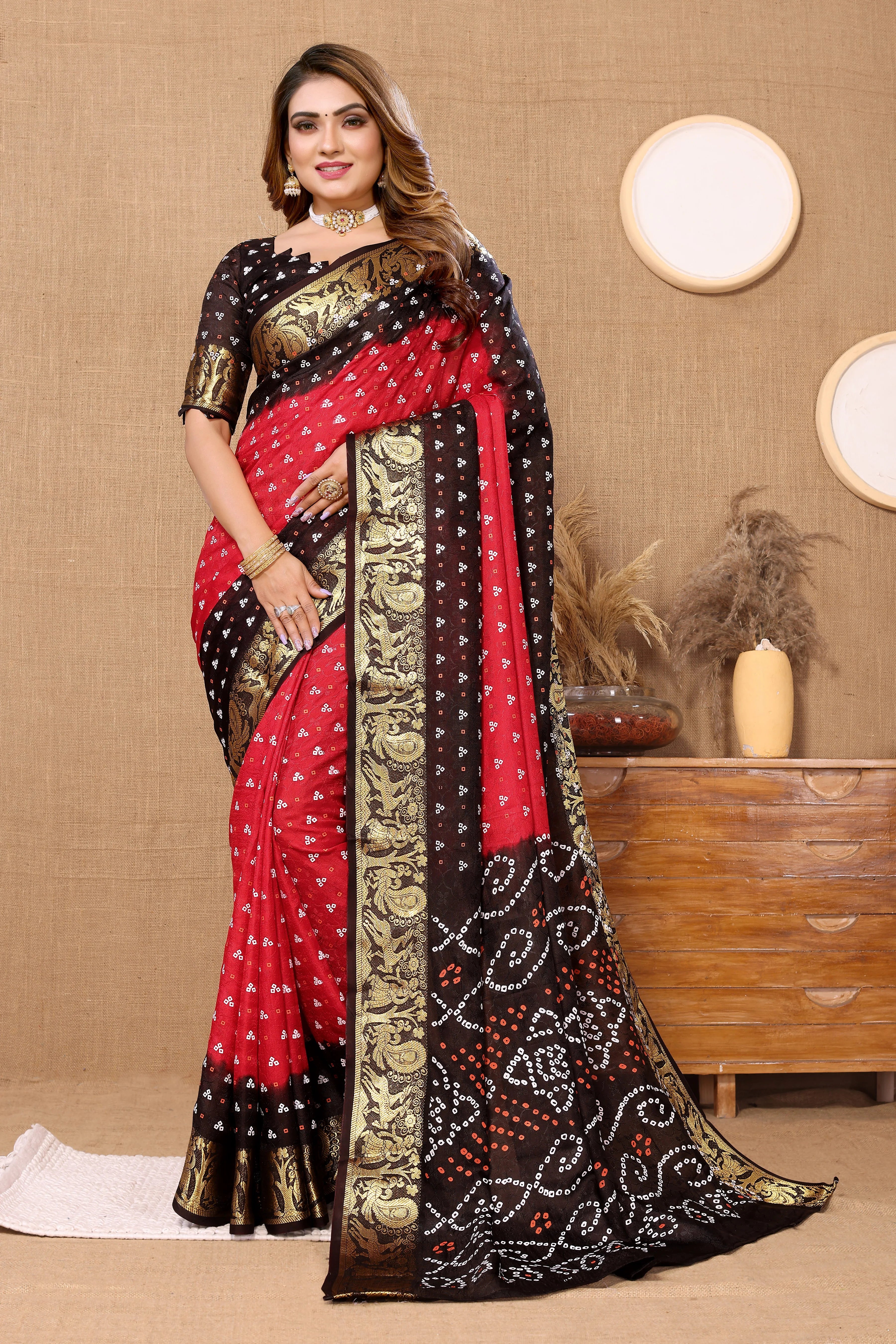 CherryRedJaquardSilkBandhejSaree1.webp