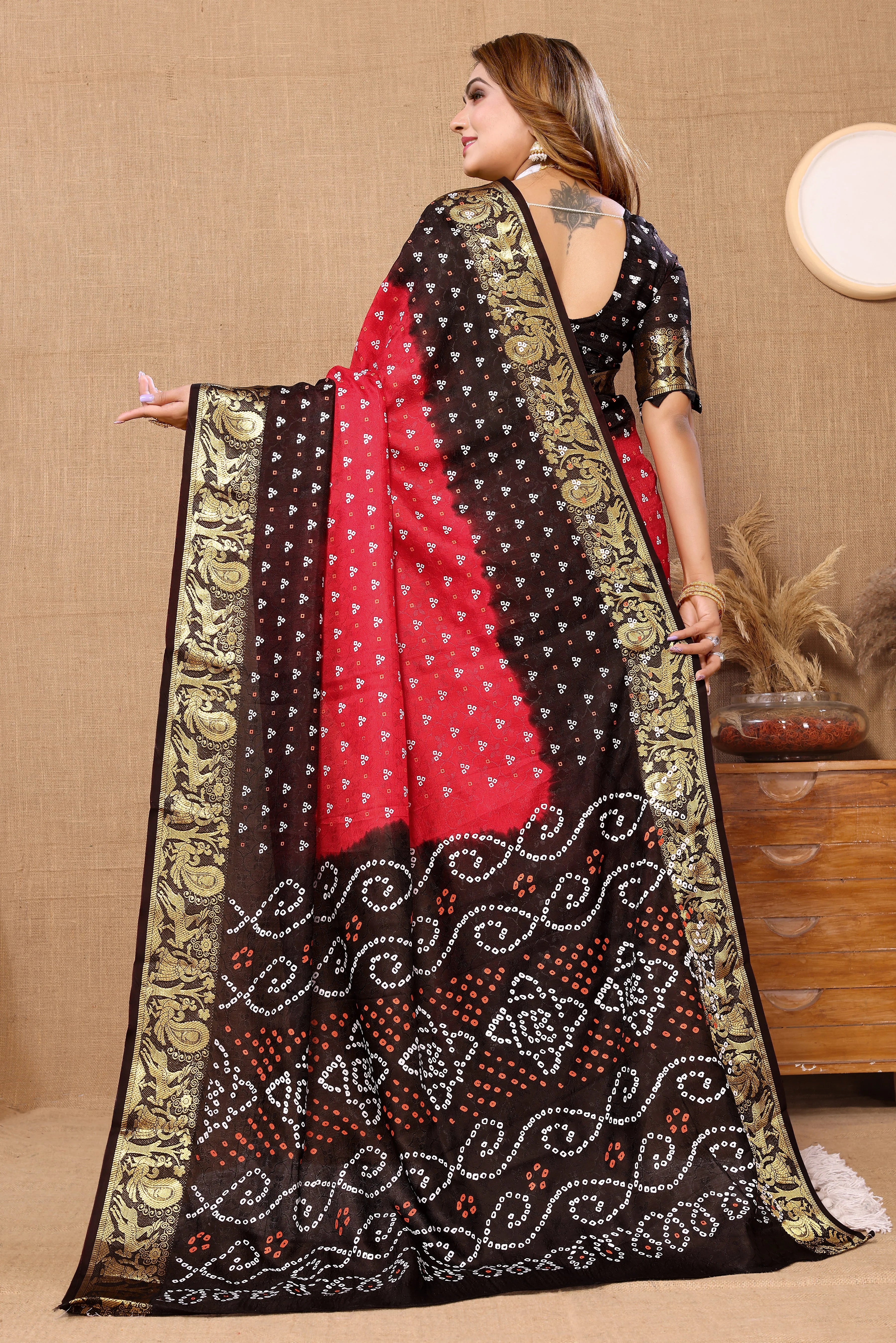 CherryRedJaquardSilkBandhejSaree3.webp