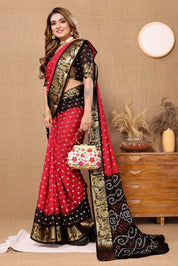 Lustrous Cherry Red Jaquard Silk Bandhani Saree