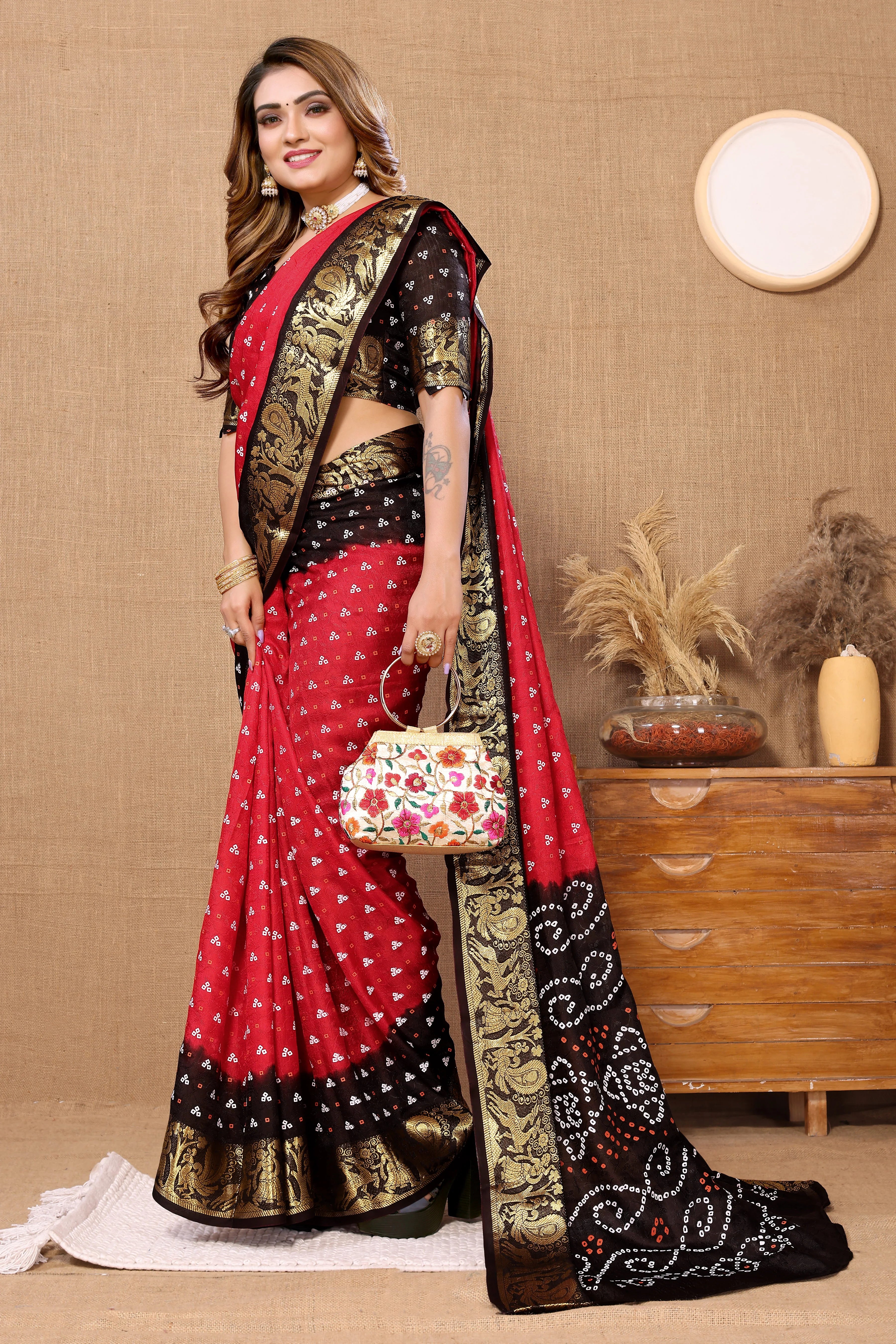 Lustrous Cherry Red Jaquard Silk Bandhani Saree