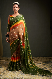 Candied Chikoo Jaquard Silk Bandhani Saree