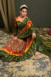 Candied Chikoo Jaquard Silk Bandhani Saree