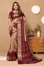 Stylish Chikoo Jaquard Silk Bandhani Saree