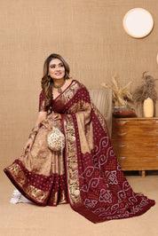 Stylish Chikoo Jaquard Silk Bandhani Saree