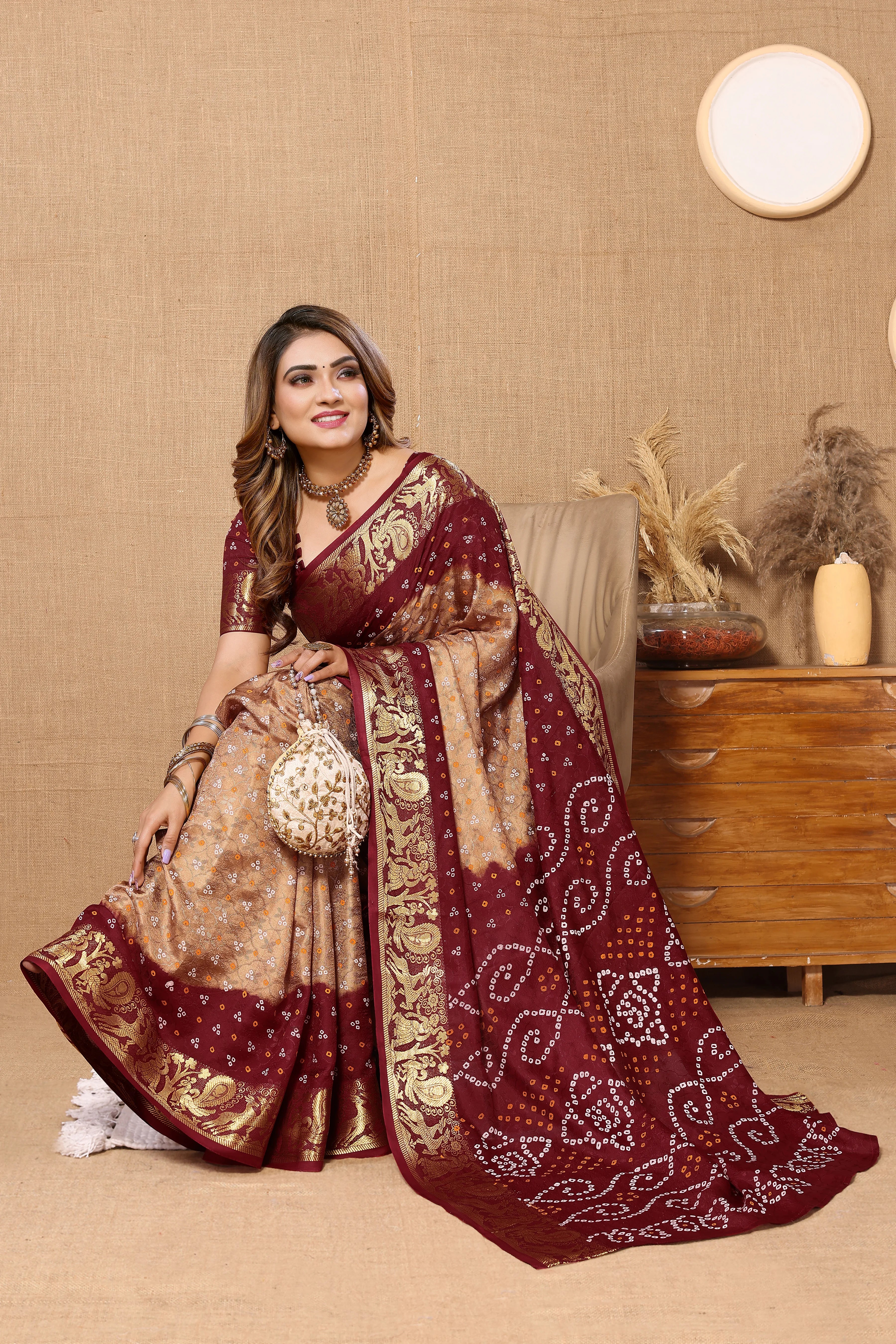 Stylish Chikoo Jaquard Silk Bandhani Saree