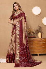 Stylish Chikoo Jaquard Silk Bandhani Saree