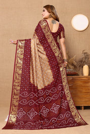 Stylish Chikoo Jaquard Silk Bandhani Saree